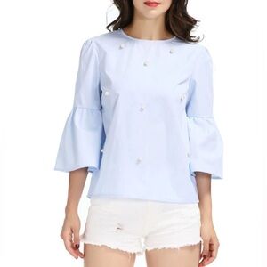 Zara Basic Collection Elegant Pearls Beading Flare Sleeve Blouse Light Blue XS